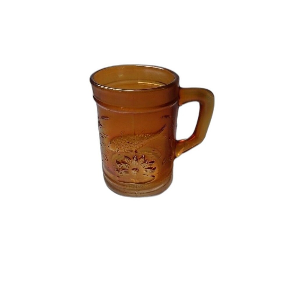 Vintage Marigold Carnival Glass Mug – Fish & Water Lily Motif – Likely Dugan